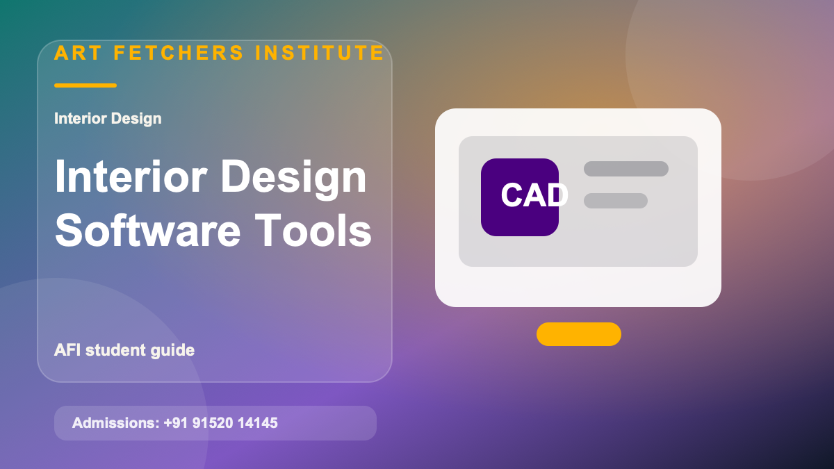 AutoCAD for Interior Design: Beginner Guide visual with interior design concept boards, materials, space planning, and AFI portfolio direction